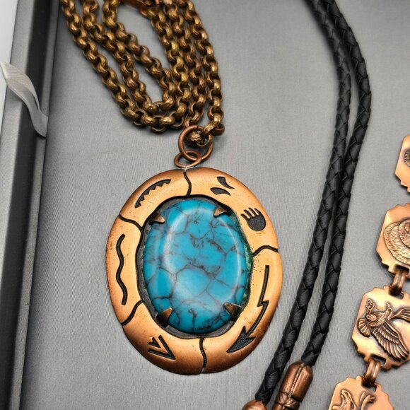 VTG Southwestern Copper & Turquoise Jewelry Equestrian Western Signed Lot of 7 - Picture 2 of 11